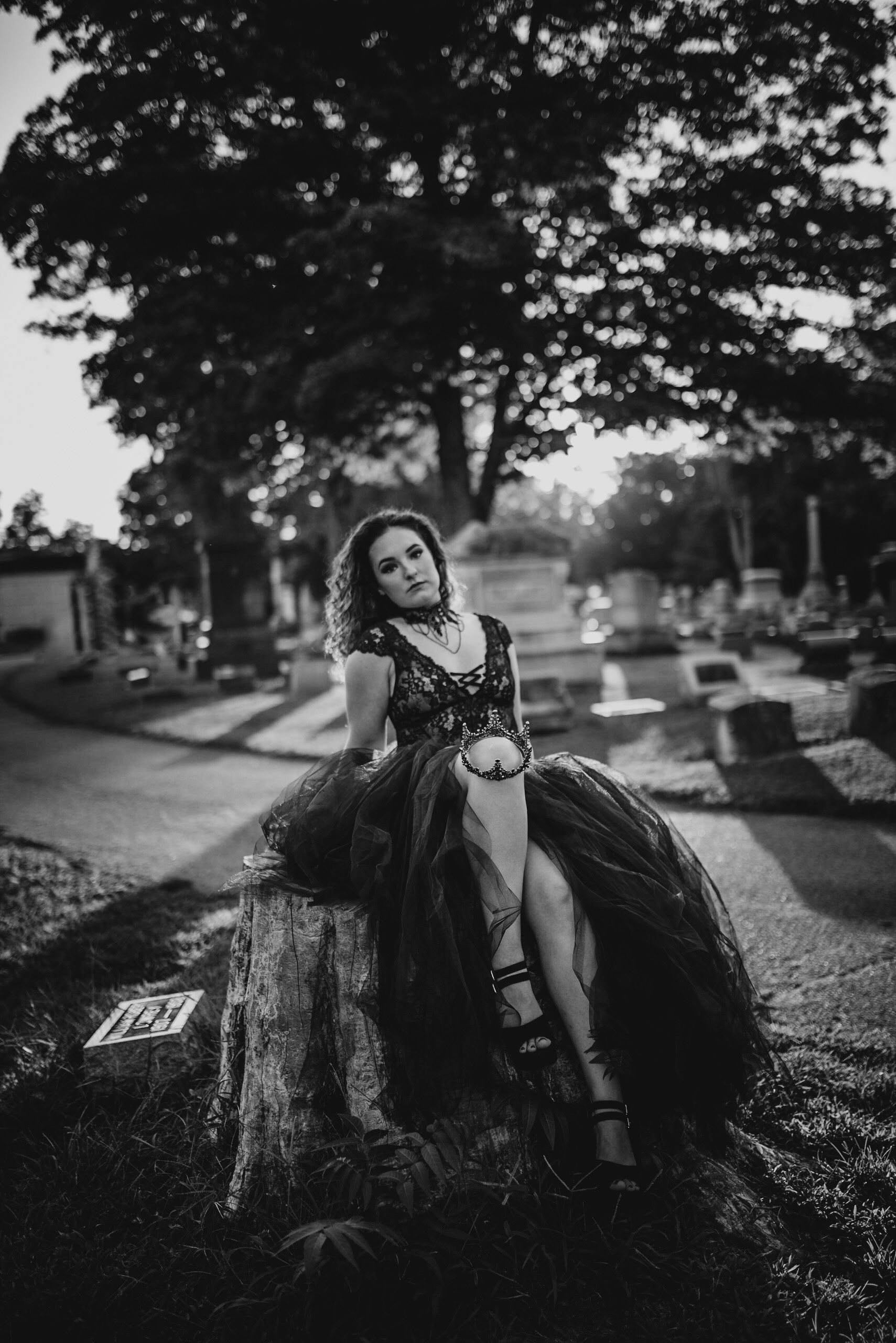 Dirty thirty rip to my youth black dress princess session boudoir graveyard sunset Savannah Ohio photographer 